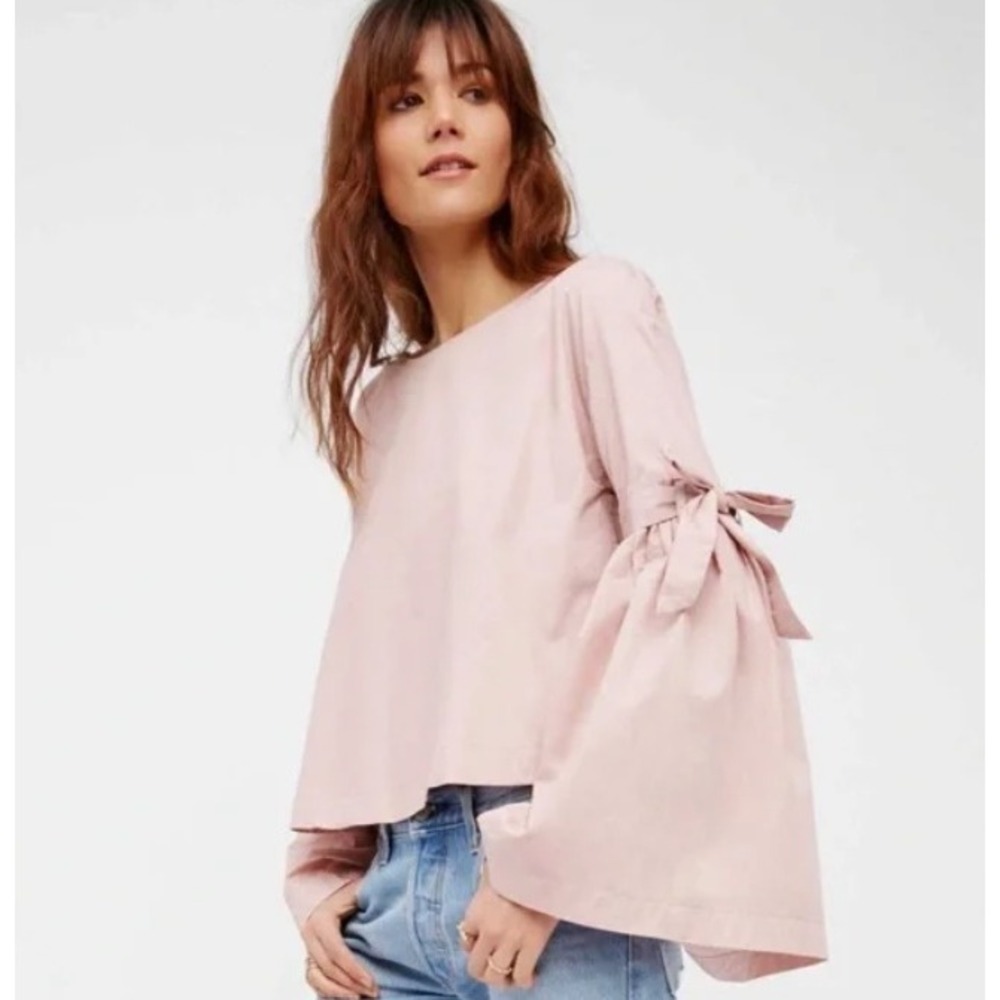 Free People Bell Sleeve Top Dusty Rose Long Sleeve Blouse Women's Sz Large‎